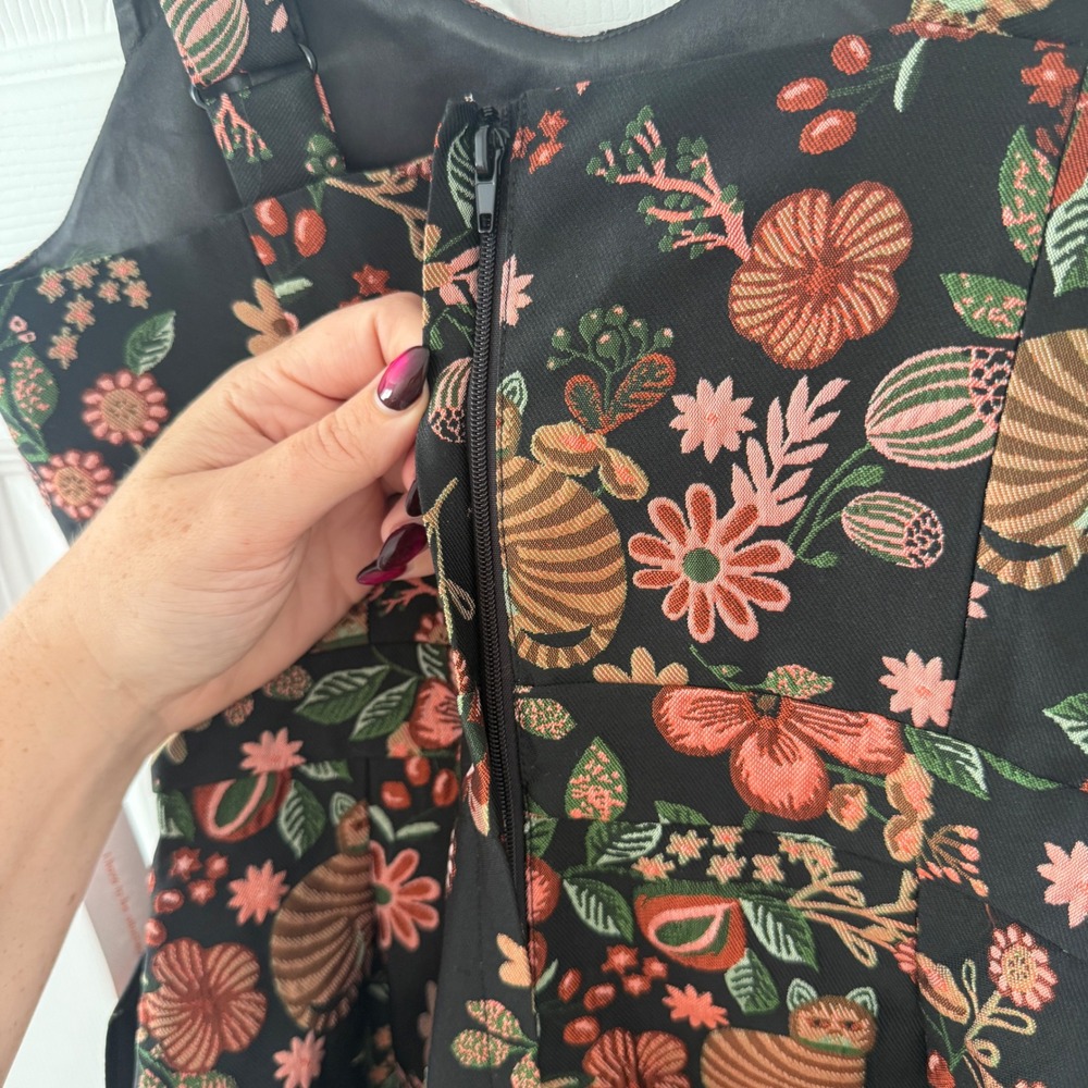 NWT ModCloth 2 Cat Print Floral‎ Jacquard Fit and Flare Dress Sleeveless Black - Picture 7 of 10
